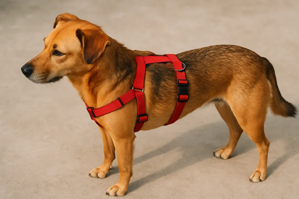 Photo d'un beagle portant un harnais en H