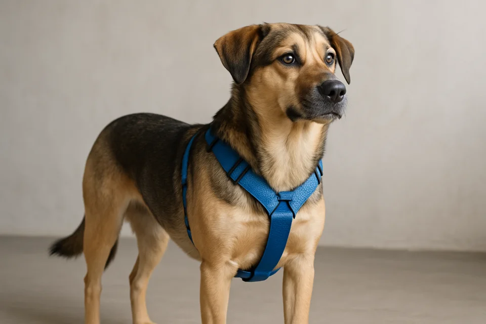 Photo d'un beagle portant un harnais en Y